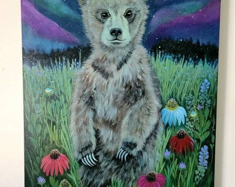 Bear painting coneflowers Aurora borealis and full moon Magical realism art