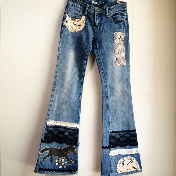 Embellished low rise jeans with lace applique, antique buttons, horse art/ ooak art to wear jeans