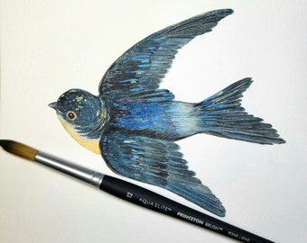 Barn swallow watercolor illustration original art handmade metallic watercolors magical birds in flight