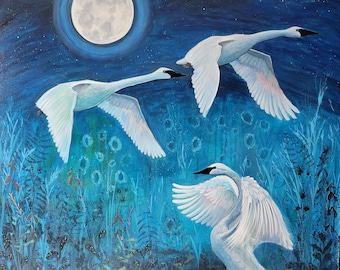 Swan painting original acrylic painting canvas wall art 36x36 inches contemporary art