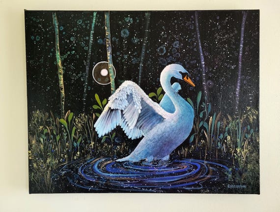 Swan Lake Painting: Moonlit Forest, Mystical Nature Art - Etsy