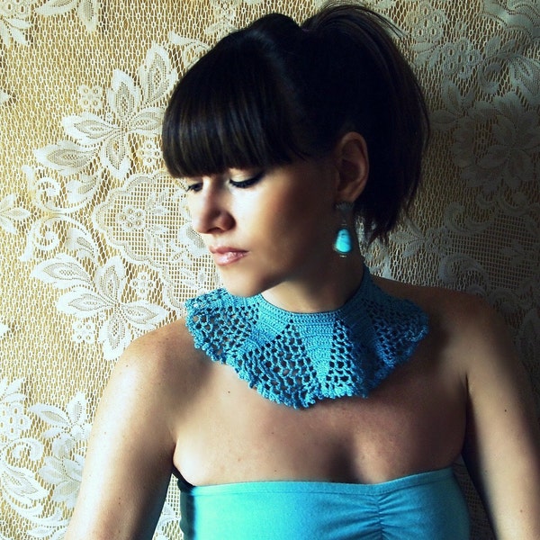 crochet lace collar upcycled vintage bib necklace teal