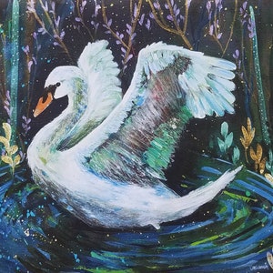 Moonlit Swan Art Print: Archival Linen Paper, Wildlife Painting
