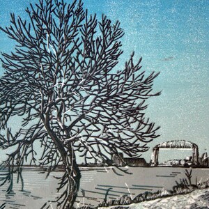Bare tree with Aerial Lift Bridge, Duluth, MN- Hand Printed