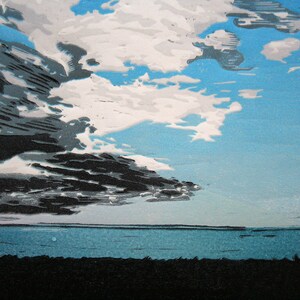 May include: A landscape painting of a blue sky with white clouds and a dark gray cloud in the foreground. The sky is reflected in a body of water in the middle ground. A small tree is silhouetted in the foreground.