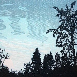 May include: A black and white woodcut print of a forest scene with a blue sky and clouds. The trees are silhouetted against the sky, and the clouds are depicted with a series of parallel lines.