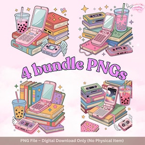May include: A digital illustration featuring four arrangements of retro items. Each arrangement includes a pink flip phone, books, a cassette tape, a handheld game console, and a bubble tea drink. The text "4 bundle PNGs" is displayed.