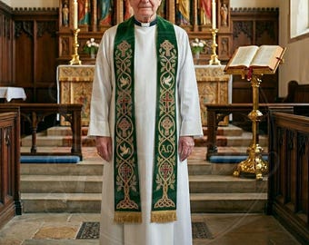 Green Liturgical Stole - Catholic Priest Vestment - Embroidered Alpha Omega - Clergy Mass Attire