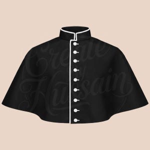 May include: A black cape with a high, rounded collar and a row of white buttons down the front. The collar and button edging are trimmed with white. The words "Create Hussain" are faintly visible across the cape.