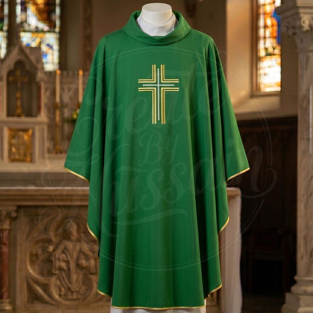 Ordinary Time Robe Priest Chasuble, Gothic Green Gold Vestment, Cross Embroidered Clergy ...