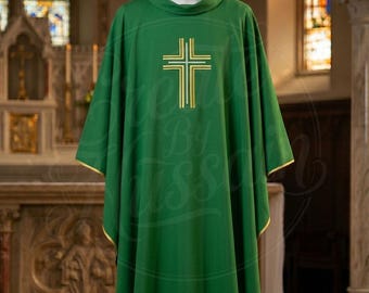 Priest Chasuble, Gothic Green Gold Vestment, Cross Embroidered Clergy Robe, Liturgical Apparel Ordinary Season