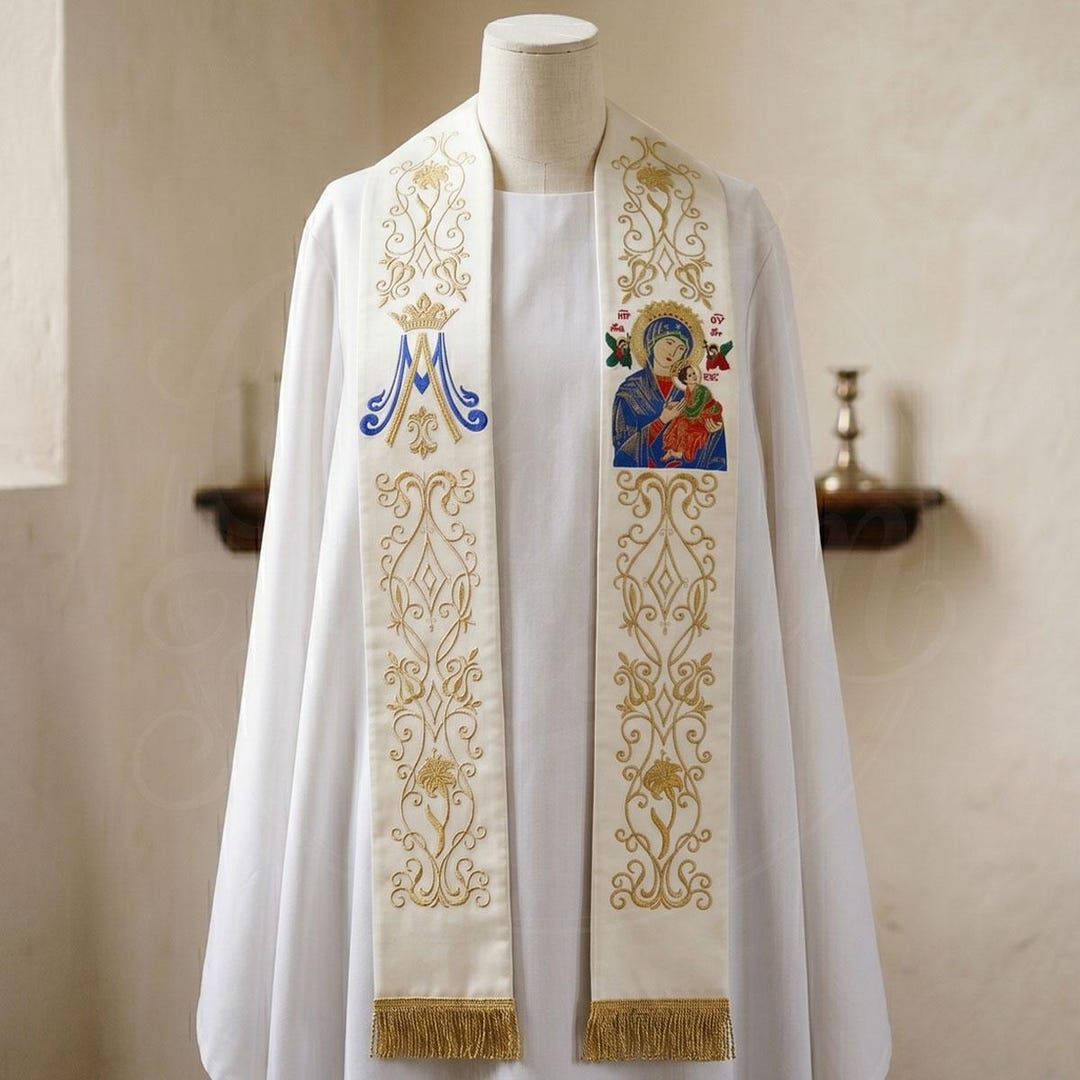 Liturgical Vestment, White Priest Stole for Marian Feasts, Gold Floral ...