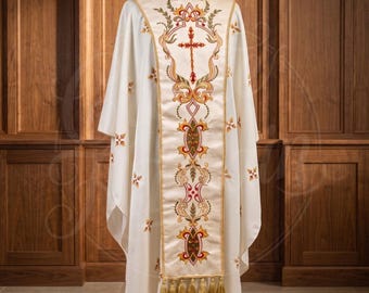 Priest Chasuble, White Liturgical Vestment, Luxury Cross Embroidery, Catholic Mass Robe, Handcrafted Premium Clergy Gift