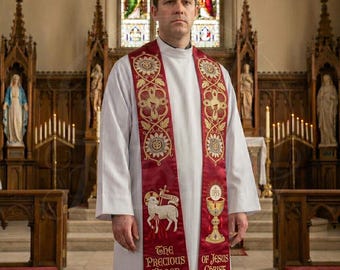 Red Clergy Stole - Precious Blood Priest Vestment - Gold Agnus Dei Embroidery - Liturgical Garment