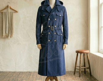 Men’s Navy Blue Trench Coat - Double Breasted Long Coat - Vintage Style Overcoat with Belt