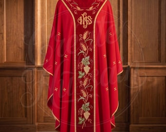 Catholic Vestment, Red Gothic Chasuble, Gold IHS Symbol, Priest Mass Robe for Palm Sunday