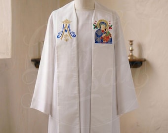 Vestimenta litúrgica, estola mariana blanca, borlas doradas, bordado detallado de la Virgen María, estola para la misa.