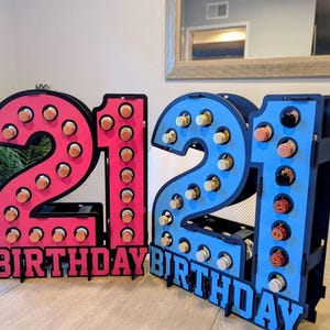May include: Two large, freestanding wooden number displays shaped as the number 21, with the word BIRTHDAY printed at the base. The left display is bright pink, and the right display is light blue. Both feature circular cutouts holding small bottles.