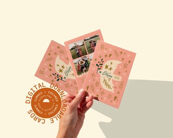Puede incluir: Tarjetas rosas con una ilustración de paloma, estrellas y la palabra "Hope". Una tarjeta presenta una foto familiar y la palabra "Happy". Las tarjetas están etiquetadas como "Tarjetas descargables digitales" en un diseño circular.