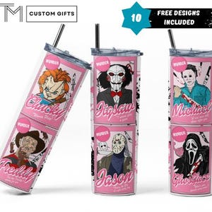 Pink Horror Killer Card Tumbler Wrap – Chucky, Jigsaw, Michael, Freddy, Jason, Ghostface | 20oz Skinny Sublimation PNG