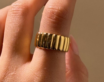 May include: A gold-colored ring with a ribbed design. The ring is thick and sits on a finger. The ring's surface reflects light, creating highlights and shadows. The ring is a piece of jewelry.