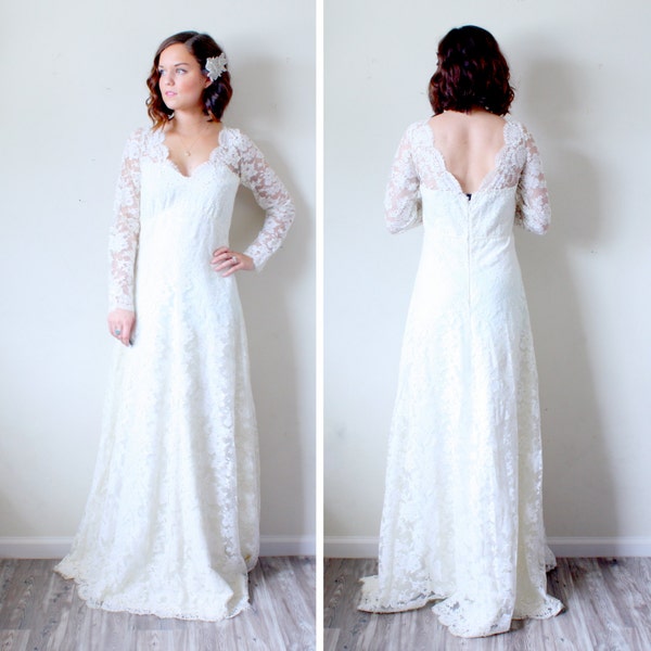 ON hold: Vintage Long sleeve wedding dress// bead lace modern dress// princess Kate Middleton style dress// Lace illusion neckline// V-neck