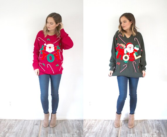 Matching ugly Christmas sweaters // Santa joy tack