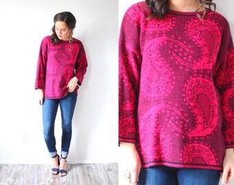 Vintage oversized paisley sweater // bright pink boho sweater // spring winter sweater // paisley print // navajo bright pink sweater