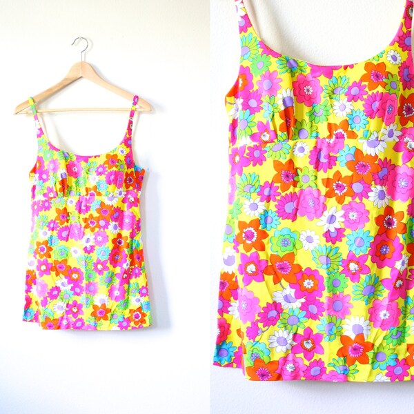 Vintage Neon floral swimsuit cover up // boho floral tankini top // swimsuit dress pink yellow green // modest one piece // retro one piece