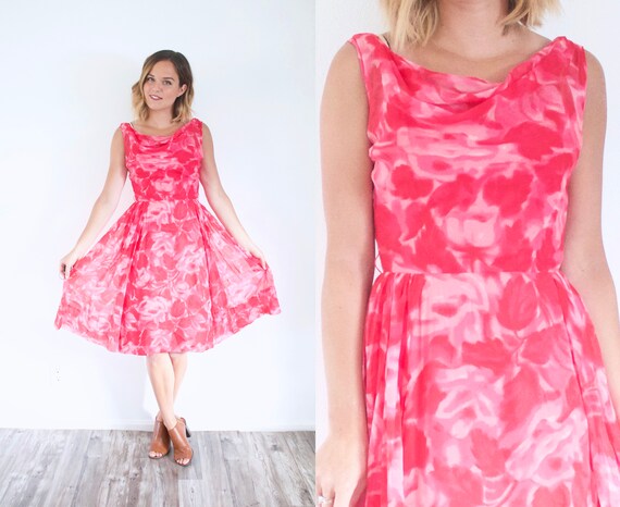 Pink floral 1950's dress // summer floral dress //