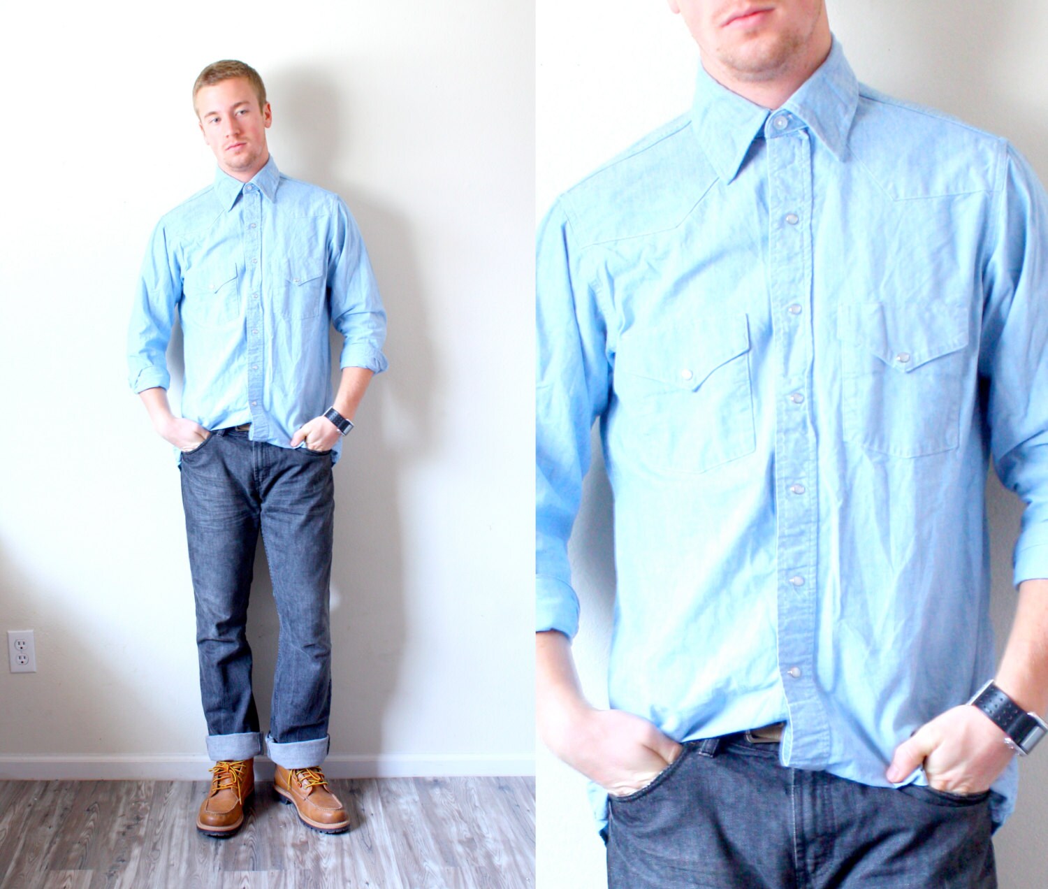 Vintage Light Blue Jean Shirt // Mens 