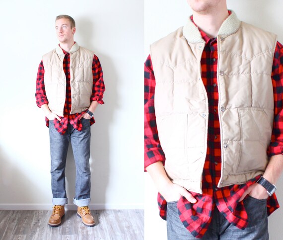 Vintage Mens Tan Vest // Puffy Vest 