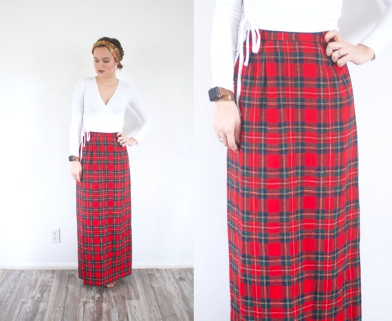 Vintage red plaid maxi skirt // 1950's christmas s