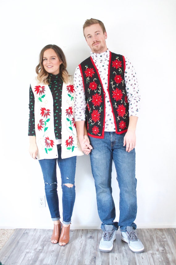Matching ugly Christmas sweater vests // tacky cou