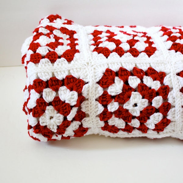 Vintage crochet granny square red blanket