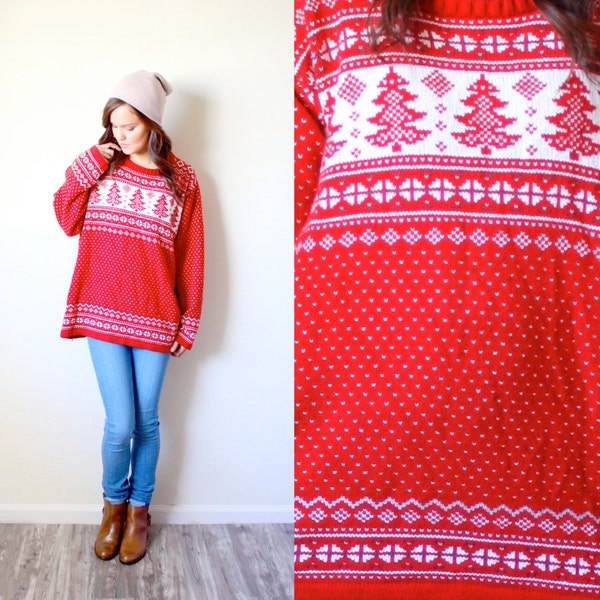 Vintage red ugly christmas sweater knit classic tree print
