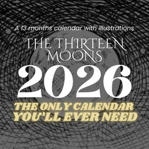 Pode incluir: Design de calendário para 2026 com o texto "THE THIRTEEN MOONS" e "2026" em branco. O design inclui o texto "A 13 months calendar with illustrations" e "THE ONLY CALENDAR YOU'LL EVER NEED". O fundo apresenta um padrão escuro semelhante a uma teia.