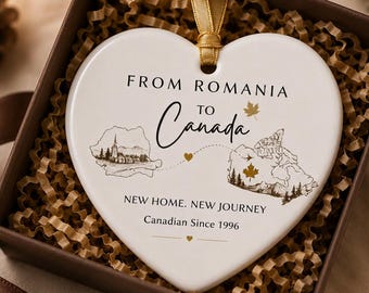 Romania to Canada Ornament Romanian Canadian Gift New Canadian Citizen Ornament First Christmas in Canada Personalized Immigration Keepsake