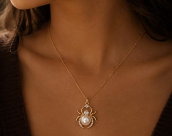 Halloween Jewelry Spider Pearl Necklace Unique Gift for Her Gothic Jewelry Crystal Spider Pendant Science Teacher Gift Insect Lover Gift
