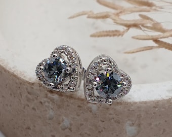 Orecchini a bottone con cuore in moissanite grigia, regalo romantico per lei, orecchini in argento sterling, gioielli per l'anniversario della festa della mamma, regalo ecologico