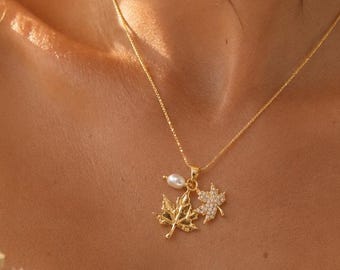 Maple Leaf Necklace Freshwater Pearl Two Leaves Symbolic Gift for Her Meaningful Jewelry from Canada Gold Everyday Jewelry Set
