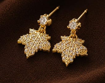 Maple Leaf Drop Earrings Canadian Jewelry Gift for Her Gold Maple Earrings Canada Gift Dainty Luxury Earrings