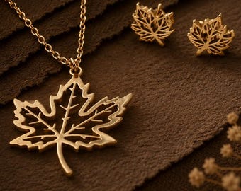 Maple Leaf Necklace and Earrings Set Gold Canadian Jewelry Gift for Her Canada Souvenir Matching Jewelry Set
