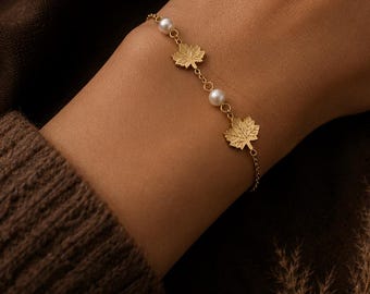 Maple Leaf Pearl Bracelet Canada Gift for New Canadian Canadian Expat Gift Canada Jewelry Gift for Her Canadian Citizenship Gift