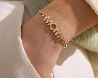 Bracciale minimalista in oro MOM, gioiello impermeabile per tutti i giorni, regalo per la mamma, bracciale a maglie cubane, gioiello semplice ed elegante, regalo per lei