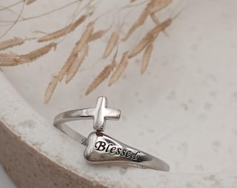Anello Benedetto in Argento Sterling Fede Speranza Amore Anello Ispirazione Cristiana Anello Regolabile Minimalista Gioiello Significativo Regalo per Lei