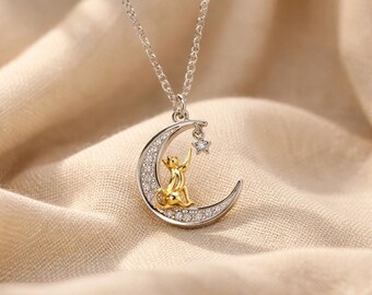 Collana con gatto e luna, minimalista, regalo per amanti dei gatti, ciondolo in argento S925, gioiello delicato per amanti degli animali, regalo per lei