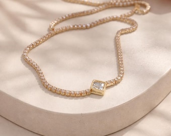 Collana girocollo tennis 2 mm, girocollo delicato con diamanti, collana minimalista in oro, gioielli per feste di nozze, regalo per invitati al matrimonio