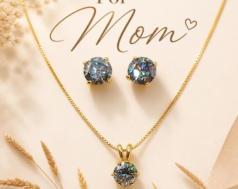 Regalo per la mamma Set collana con moissanite grigia Ciondolo Moissanite Gioielli minimalisti per lei Compleanno Ragazza Anniversario S925 Orecchini a perno Luxe