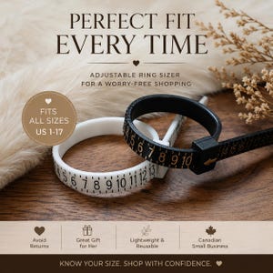 Può includere: Due misuratori di anelli regolabili, uno bianco e uno nero, con scale numeriche stampate. Il testo recita PERFECT FIT EVERY TIME, ADJUSTABLE RING SIZER FOR A WORRY-FREE SHOPPING, FITS ALL SIZES US 1-17 e KNOW YOUR SIZE. SHOP WITH CONFIDENCE.